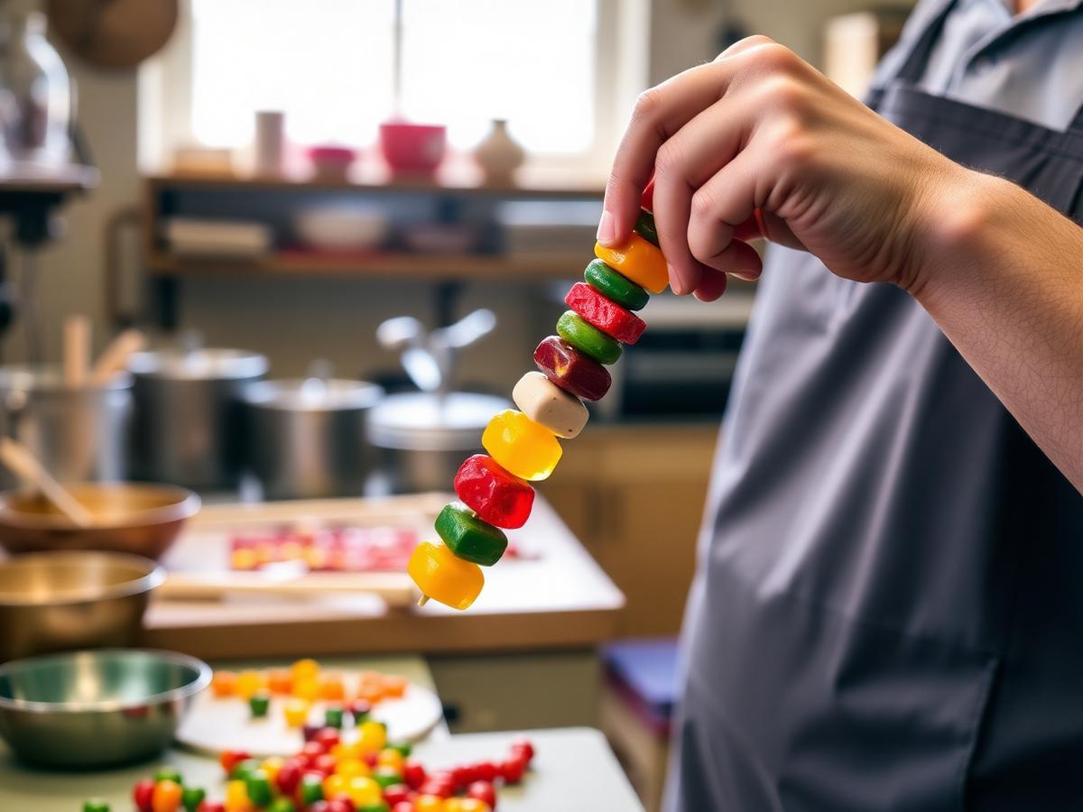 Artisan préparant une brochette de bonbons à la main
